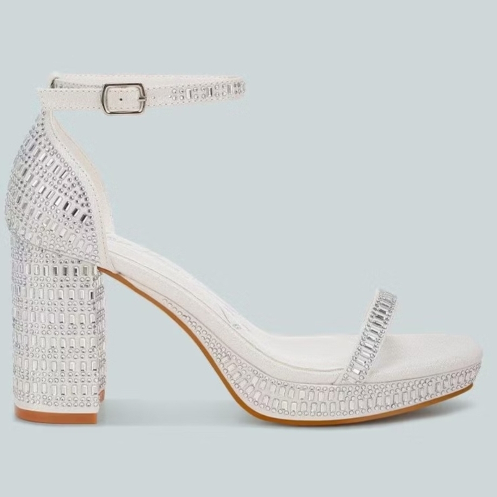 London Rag Ronan Block Heel Sandal In Silver/White Rhinestone Embellished Size 7